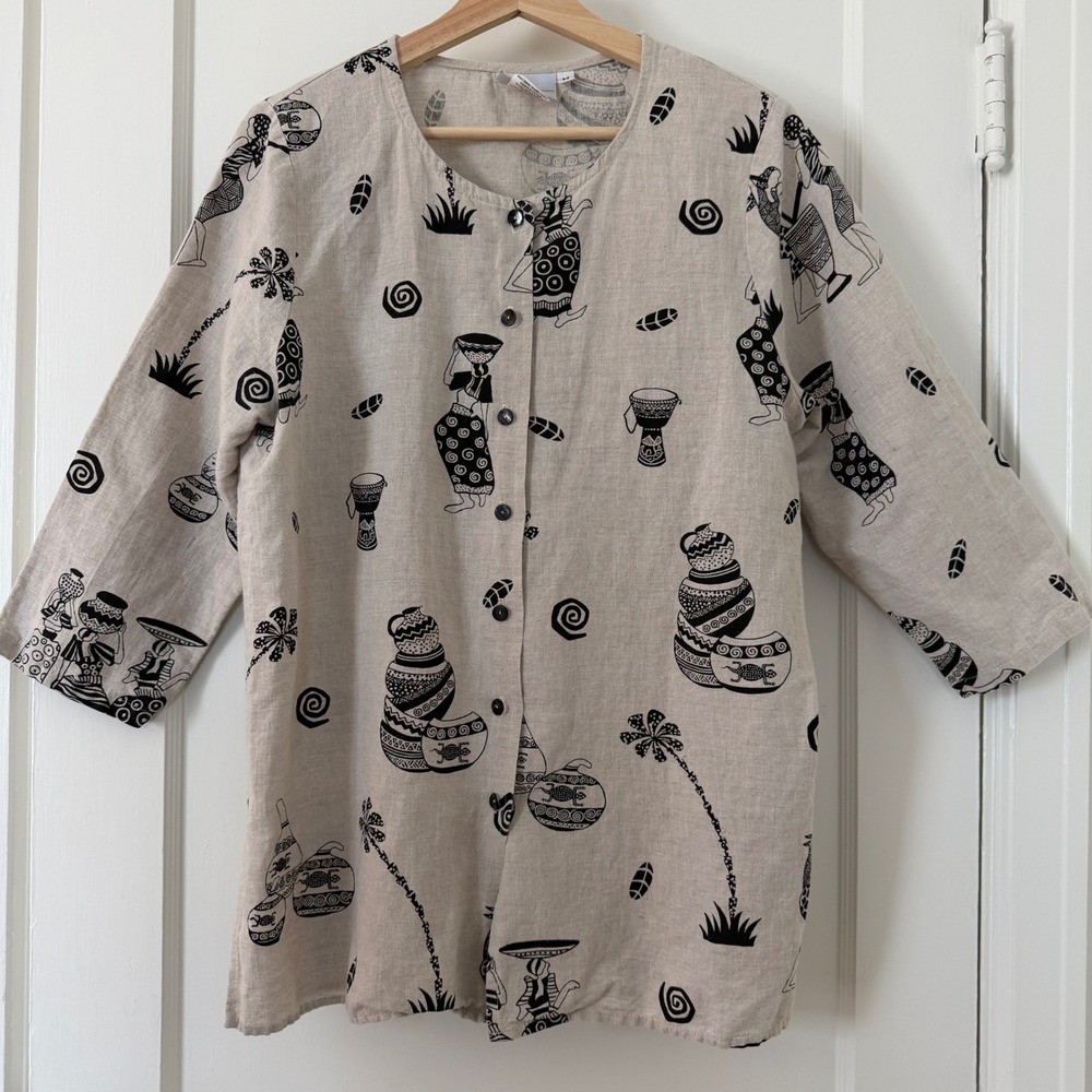 Hot Cotton‎ by Marc Ware Linen Blend African Print Button Up Tunic Top Size M